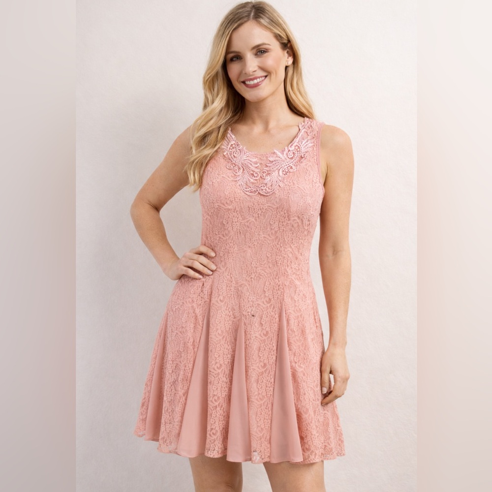 Simply Couture Pink Lace Beaded Mini Dress Lined Fairy Stretch Fit & Flare bling